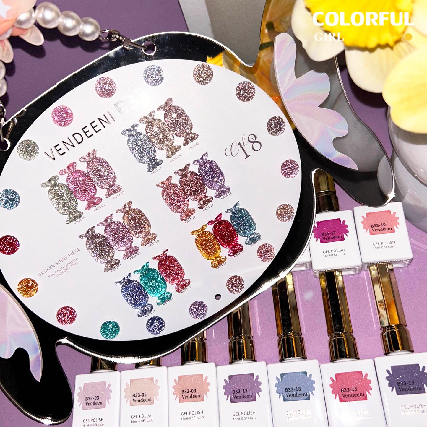 "【พร้อมส่ง】✨สีเจลแฟลช VENDEENI VDN-B33 สีเจลเพชร 18 สี✨ เงางามระยิบระยับเหมือนเพชร 💎 เม็ดสีแน่น ชัดเจน ติดทนนาน (ทามาให้แล้ว พร้อมใช้งานทันทีค่ะ 💅)