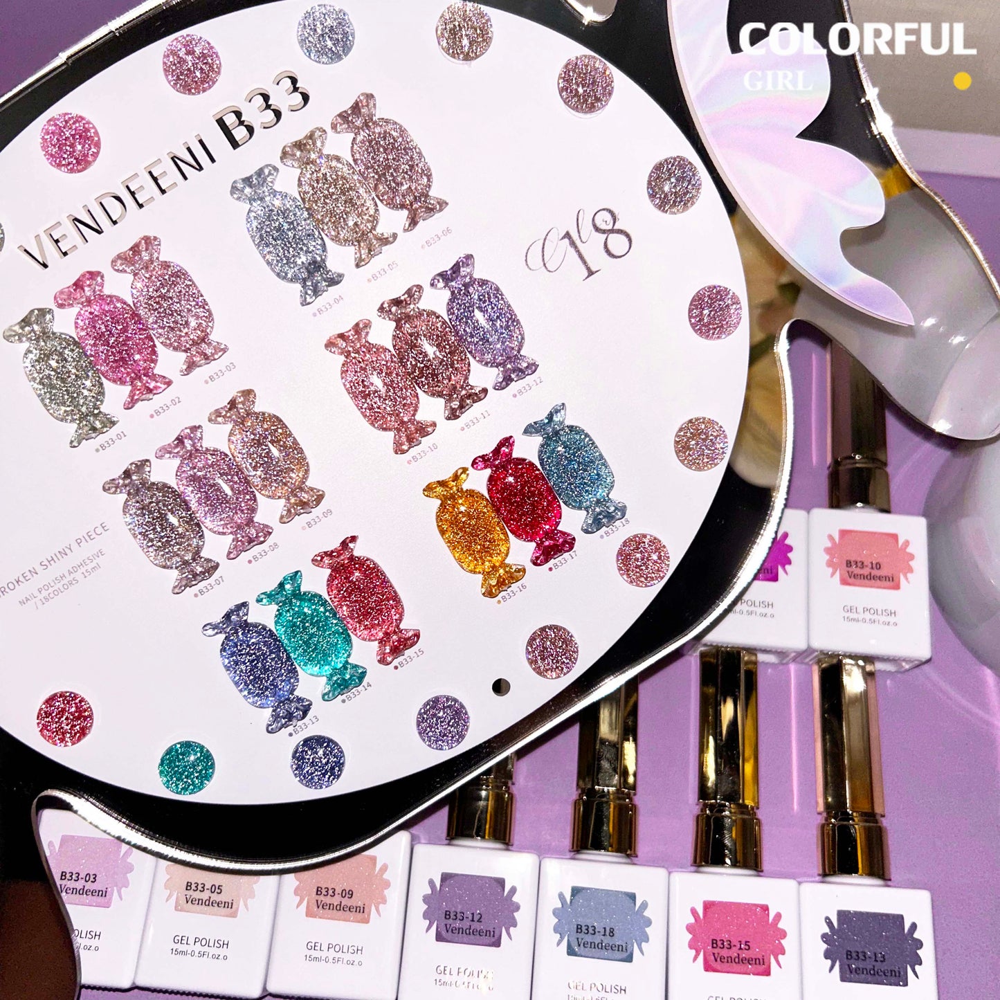 "【พร้อมส่ง】✨สีเจลแฟลช VENDEENI VDN-B33 สีเจลเพชร 18 สี✨ เงางามระยิบระยับเหมือนเพชร 💎 เม็ดสีแน่น ชัดเจน ติดทนนาน (ทามาให้แล้ว พร้อมใช้งานทันทีค่ะ 💅)
