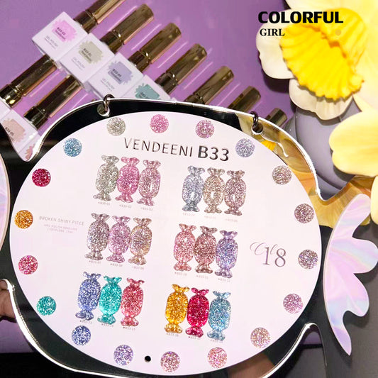 "【พร้อมส่ง】✨สีเจลแฟลช VENDEENI VDN-B33 สีเจลเพชร 18 สี✨ เงางามระยิบระยับเหมือนเพชร 💎 เม็ดสีแน่น ชัดเจน ติดทนนาน (ทามาให้แล้ว พร้อมใช้งานทันทีค่ะ 💅)