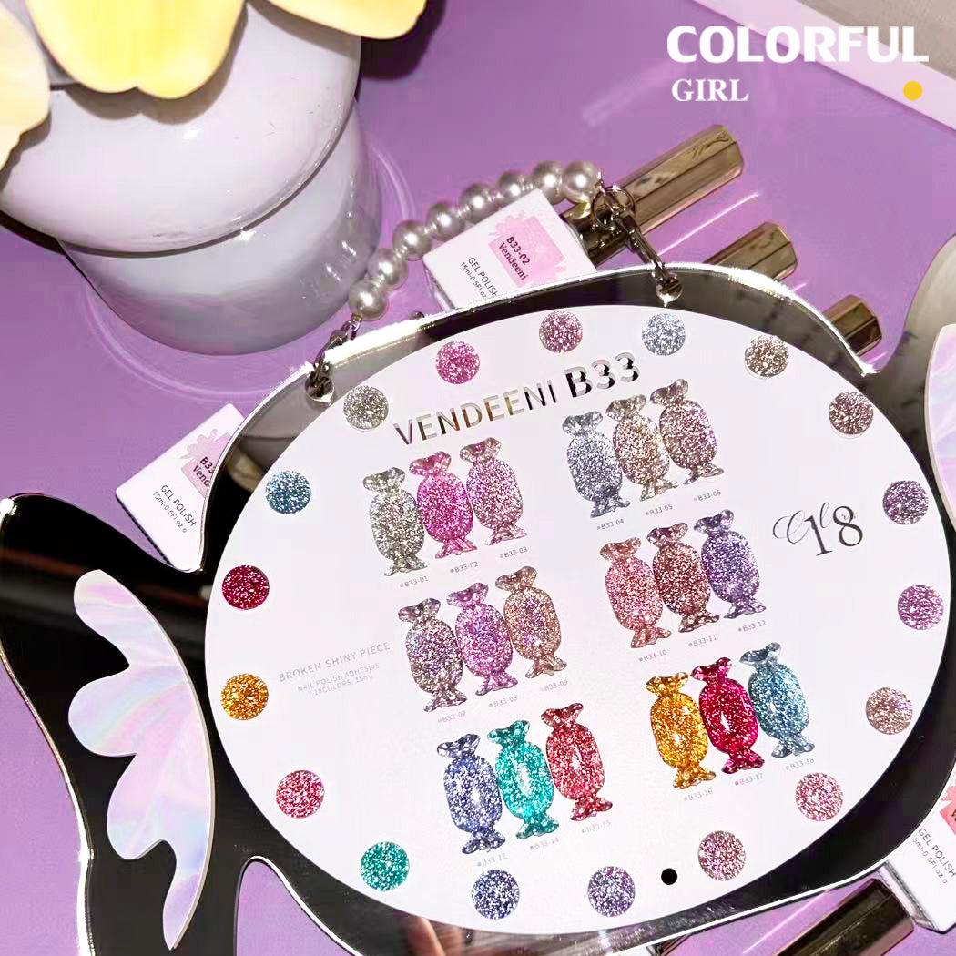 "【พร้อมส่ง】✨สีเจลแฟลช VENDEENI VDN-B33 สีเจลเพชร 18 สี✨ เงางามระยิบระยับเหมือนเพชร 💎 เม็ดสีแน่น ชัดเจน ติดทนนาน (ทามาให้แล้ว พร้อมใช้งานทันทีค่ะ 💅)