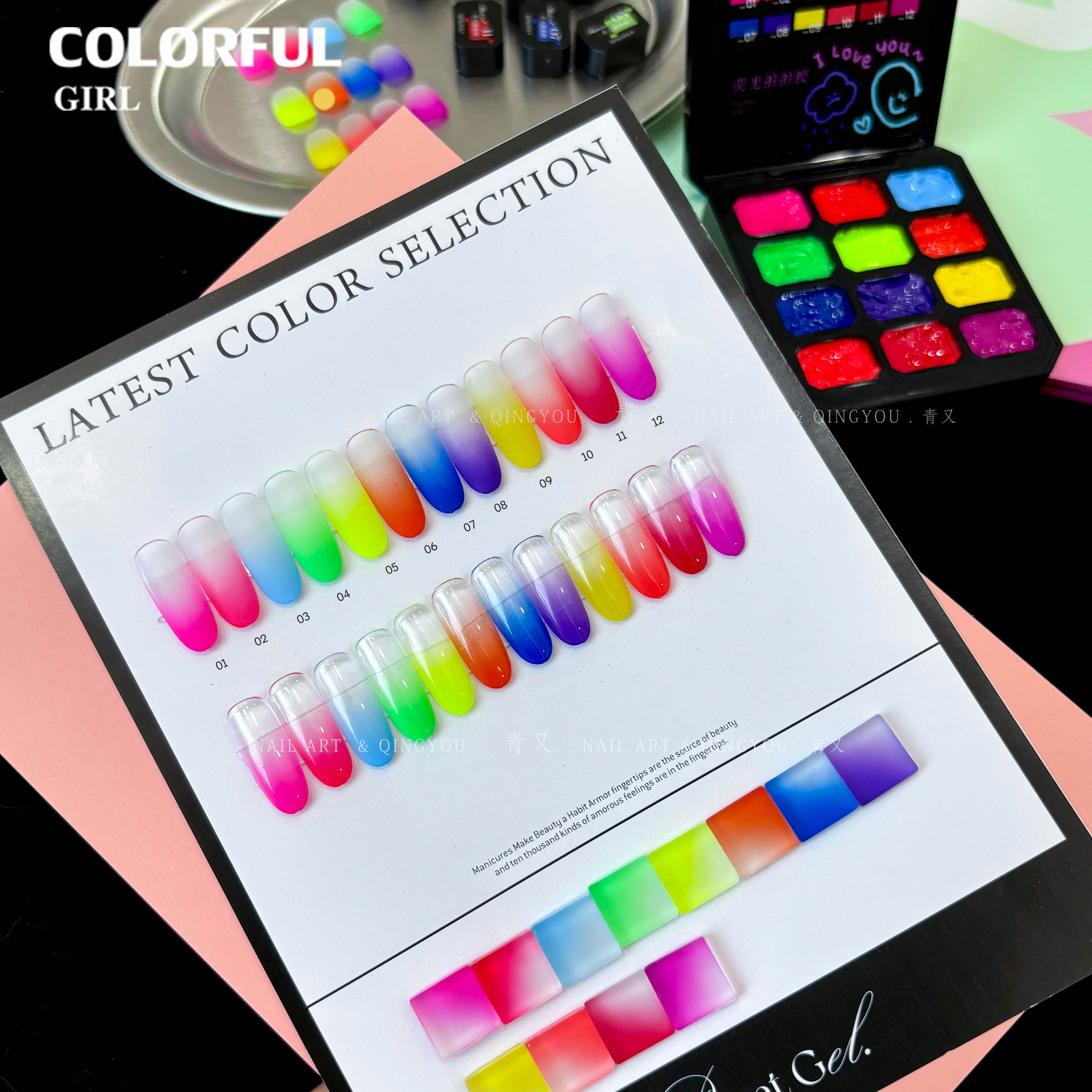 QINGYOU เล็บเจล 1 ชิ้น สีไล่เฉด ใหม่Solid Pat Gel 12-square series  ยาทาเล็บ, กาวทาสี, ยาทาเล็บสีทึบ