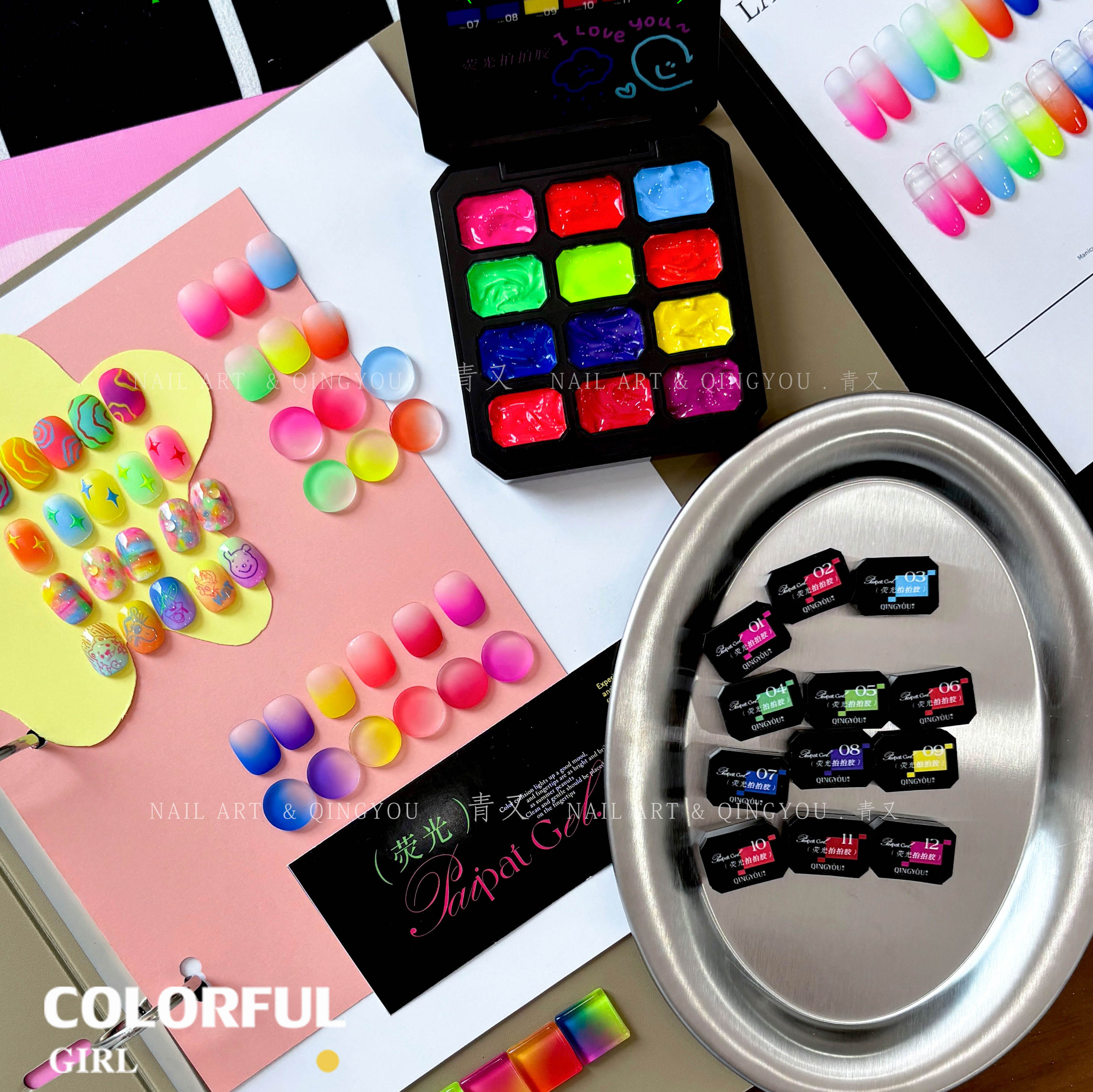 QINGYOU เล็บเจล 1 ชิ้น สีไล่เฉด ใหม่Solid Pat Gel 12-square series  ยาทาเล็บ, กาวทาสี, ยาทาเล็บสีทึบ