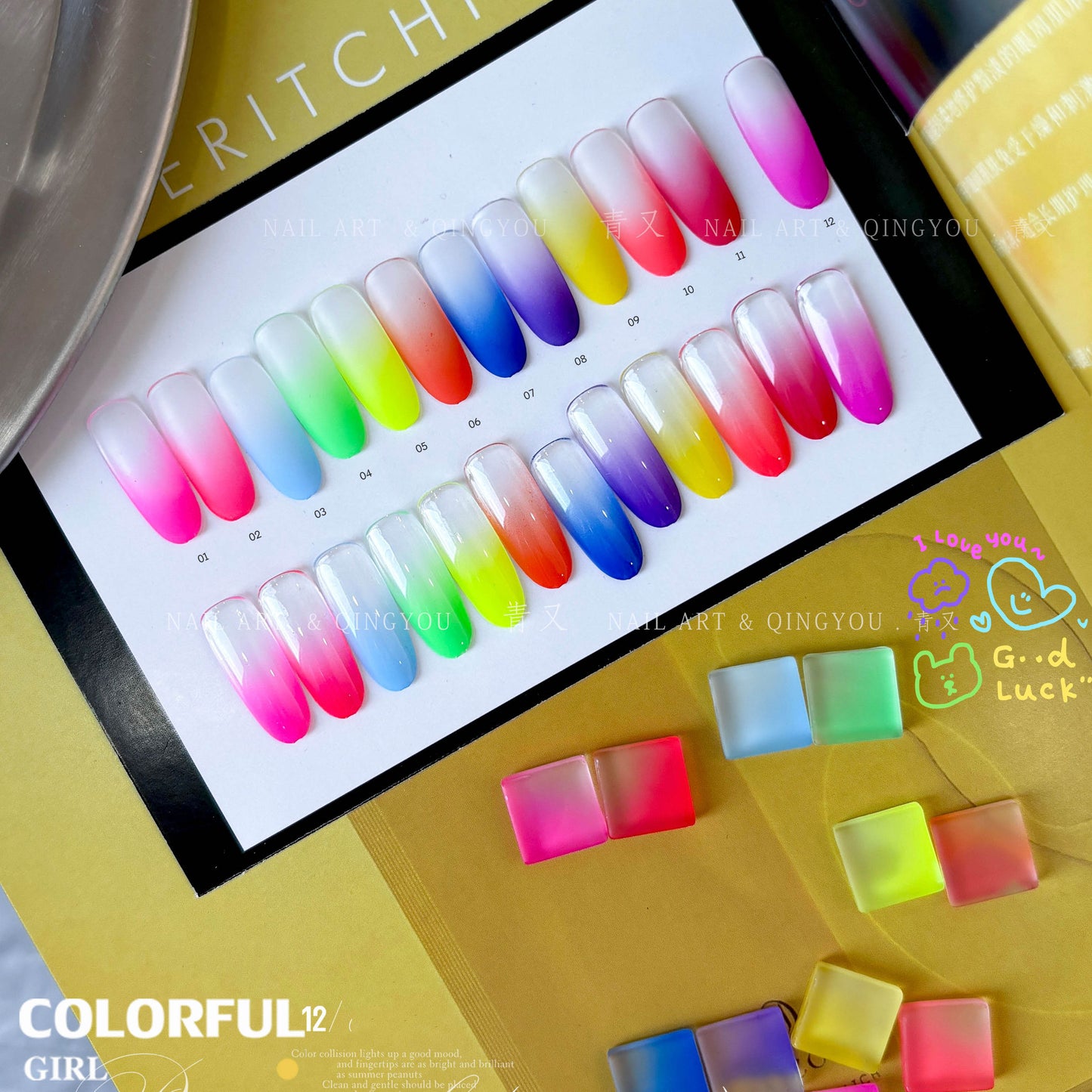 QINGYOU เล็บเจล 1 ชิ้น สีไล่เฉด ใหม่Solid Pat Gel 12-square series  ยาทาเล็บ, กาวทาสี, ยาทาเล็บสีทึบ