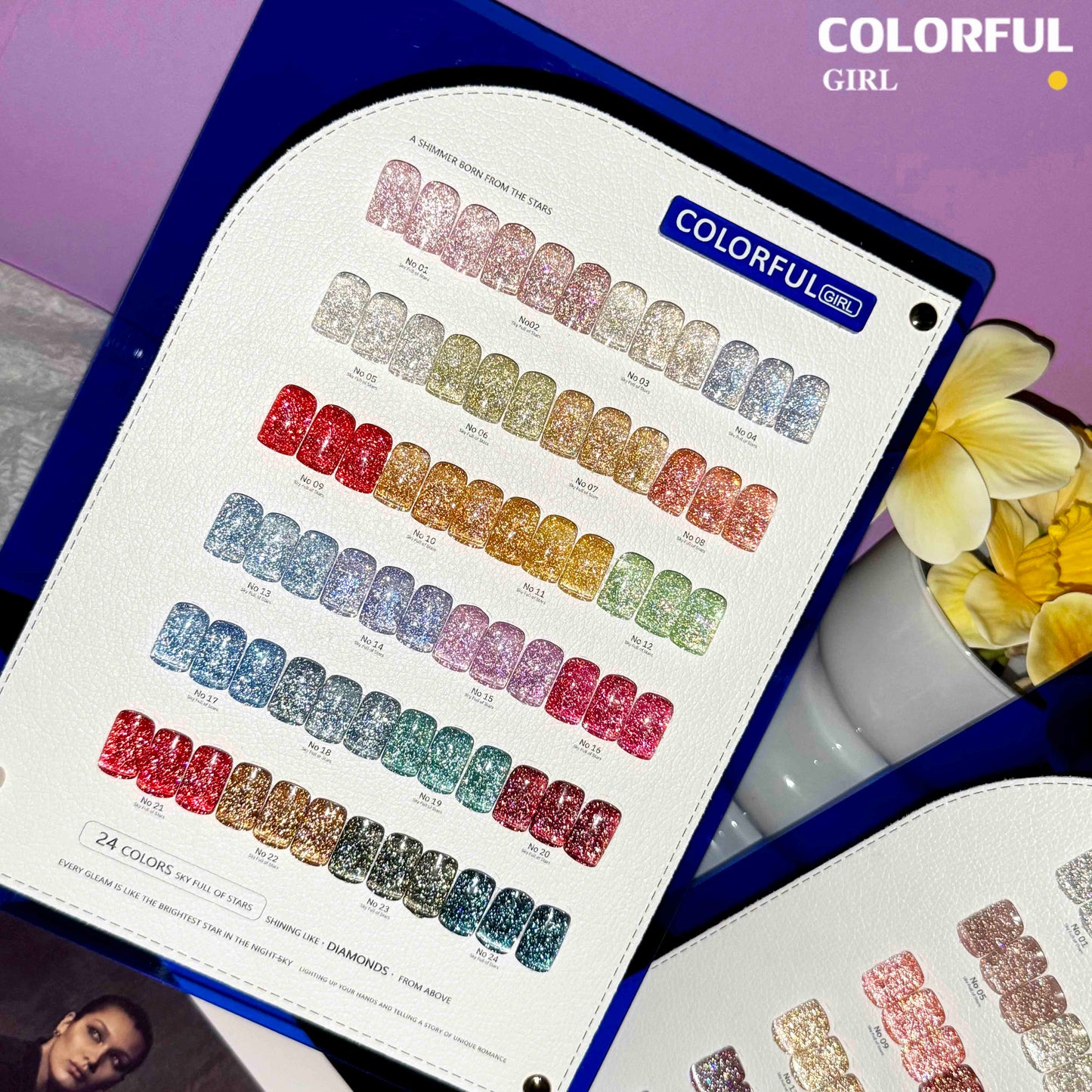 Colorful Girl สีเจลแฟลช 24 สี  สีแฟลช สีแน่นสวย ประกายเด่นชัด   มีให้เลือก 2 โทนสี — โทนเข้ม & โทนอ่อน  แถมฟรีชาร์ทสี