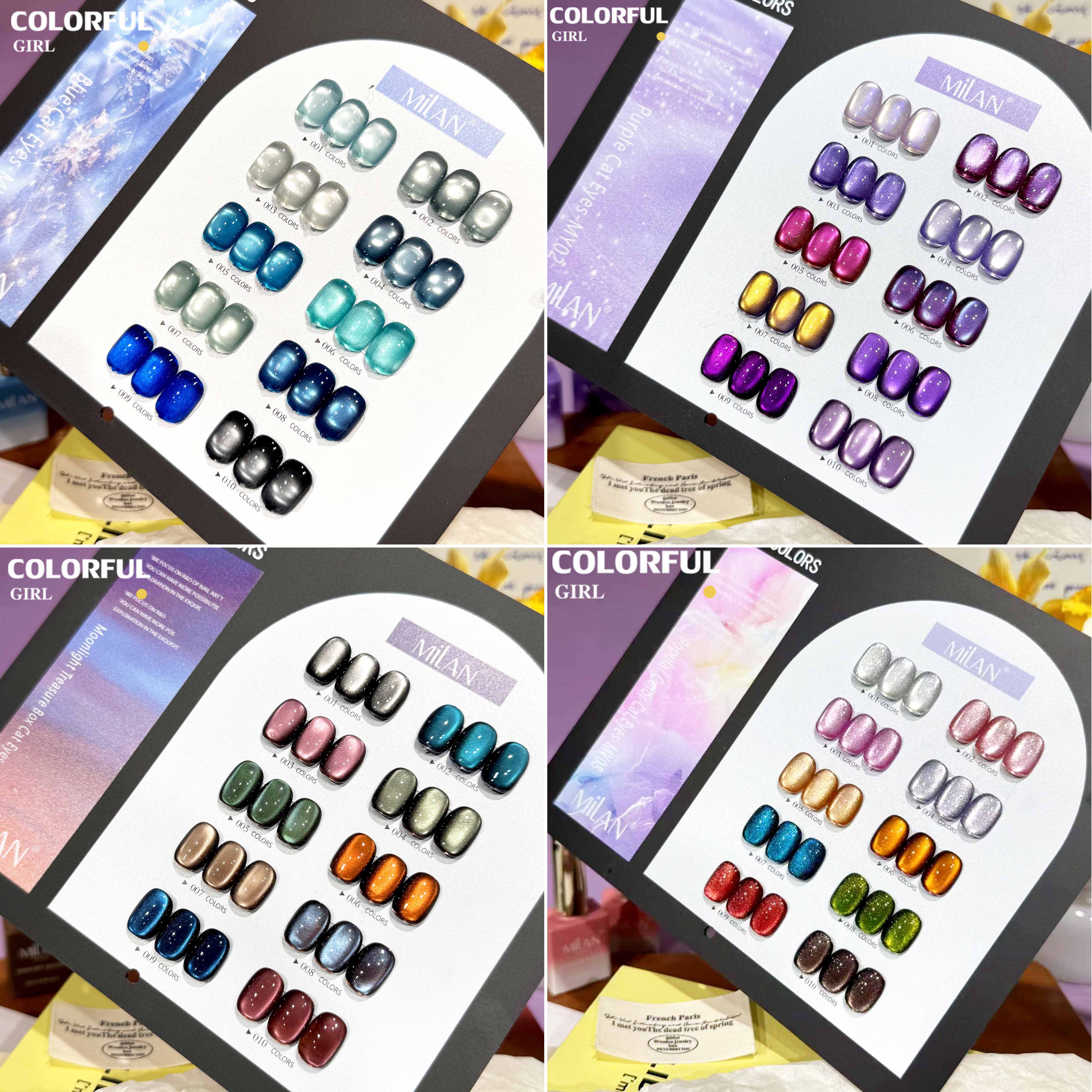 MILANเซ็ตใหม่ 10 สี! สีเจลแคทอายเนื้อซาติน, สีเจลแฟลช, สีเจลแคทอาย/สีลูกแก้ว สีเจลสีพื้น สีเจลไซรัป สีเจลแคทอายฟองอากาศ แถมฟรีชาร์ทสี