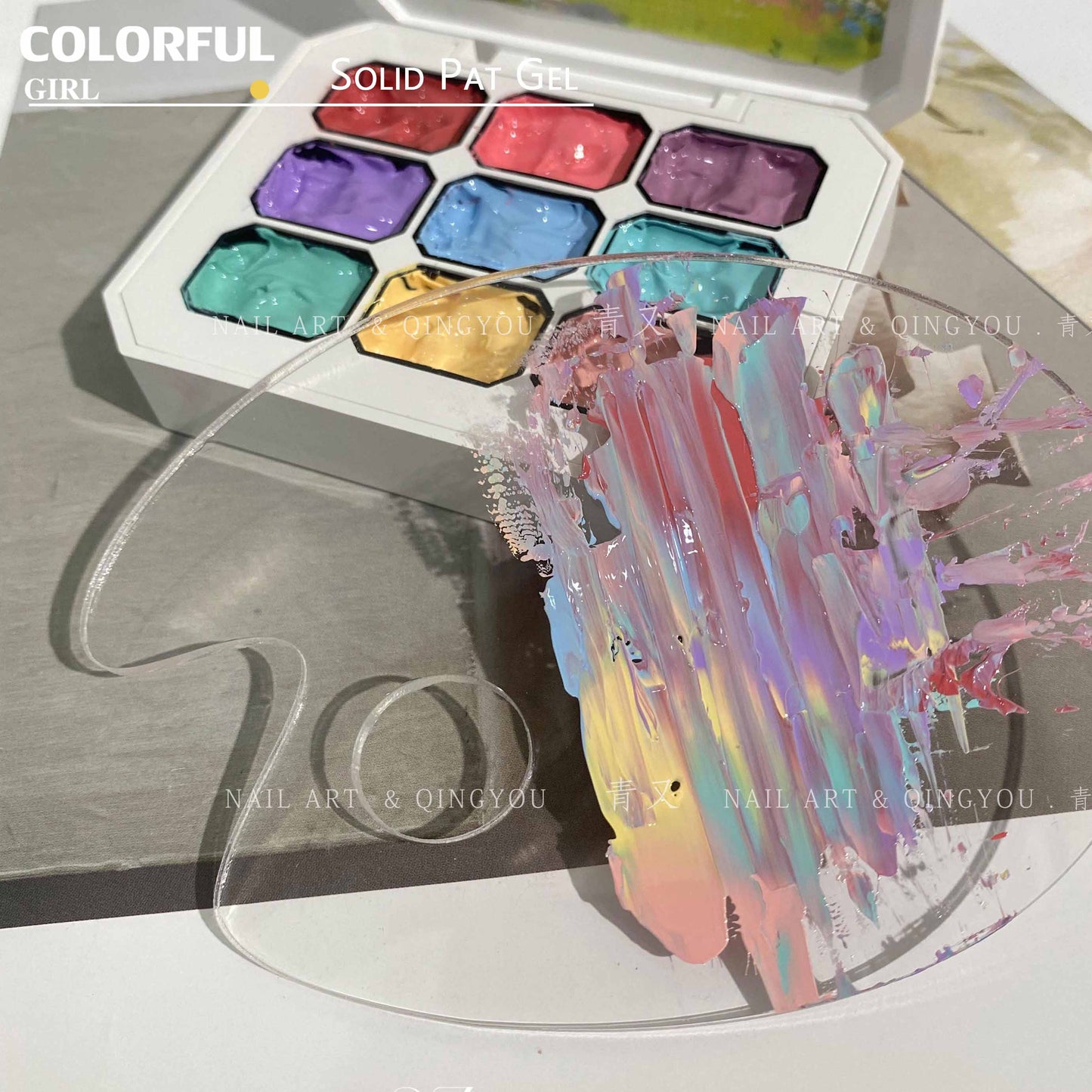 QINGYOU เล็บเจล 1 ชิ้น ใหม่Solid Pat Gel 9-square series หลากสี  แถมพาเลตอะคริลิคใส ยาทาเล็บ, กาวทาสี, ยาทาเล็บสีทึบ