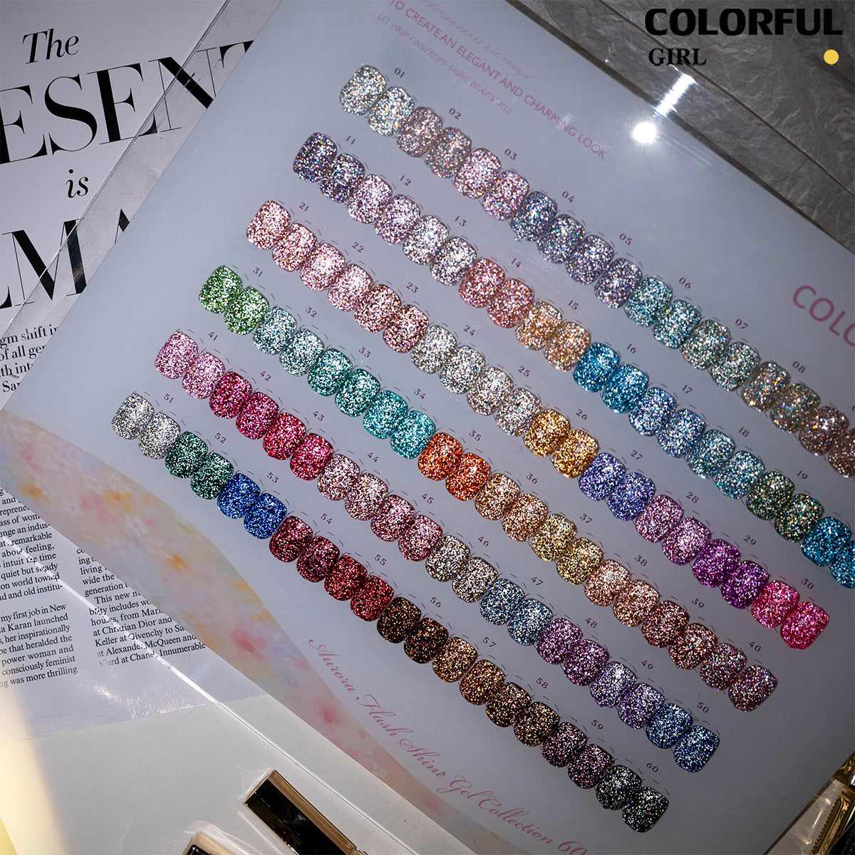 【พร้อมส่ง】Colorful Girl สีเจลแฟลชผสมฟอยล์เงิน 60 สี ชุดใหญ่สำหรับร้านทำเล็บ ประกายวิบวับ เล่นแสงสวย เปล่งประกายแม้อยู่กลางแสงแดด สีครบ ใช้งานระดับมืออาชีพ + ฟรีชาร์ทสี