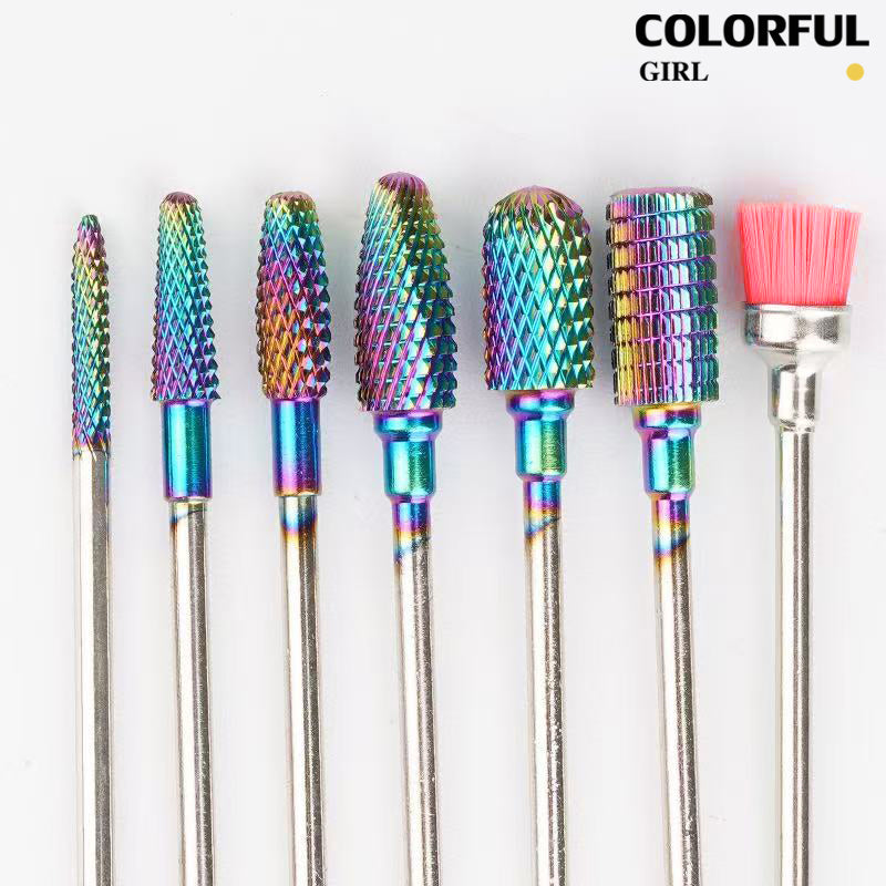 หัวเจียรเล็บ ไทเทเนียมสีรุ้ง ✦ วัสดุทังสเตนคาร์ไบด์ ✦ เลือกได้ทั้งแบบชิ้นเดียวหรือเซต 7 ชิ้น ✦ สำหรับลอกเจล ตะไบทรง ลดความหนา และขัดเงา