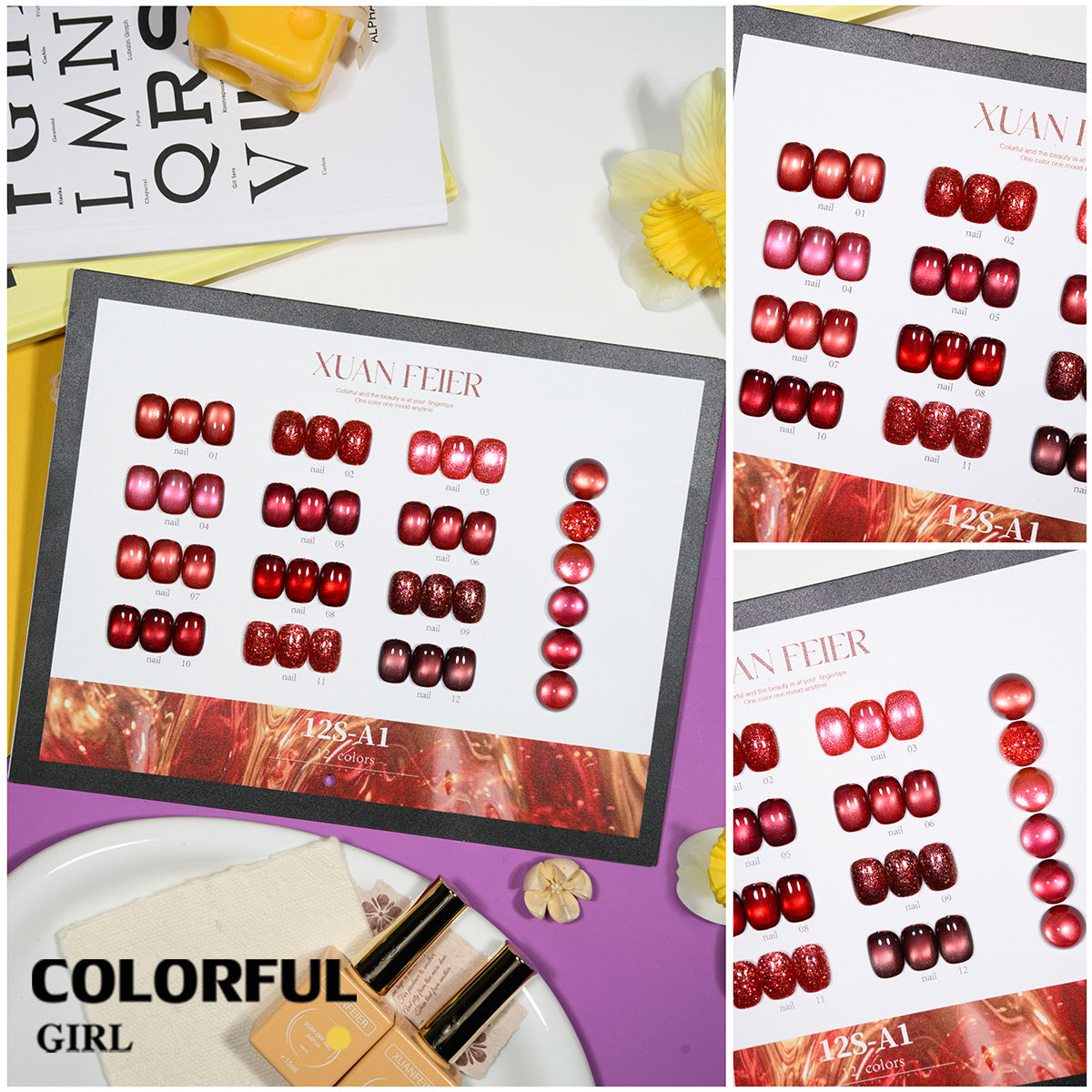 XUANFEIER สีเจลเซ็ตใหม่ 12 สี สีเจลกลิซเตอร์ สีเจลแคทอายเนื้อซาติน, สีเจลแฟลช, แถมฟรีชาร์ทสี ทุกรุ่น