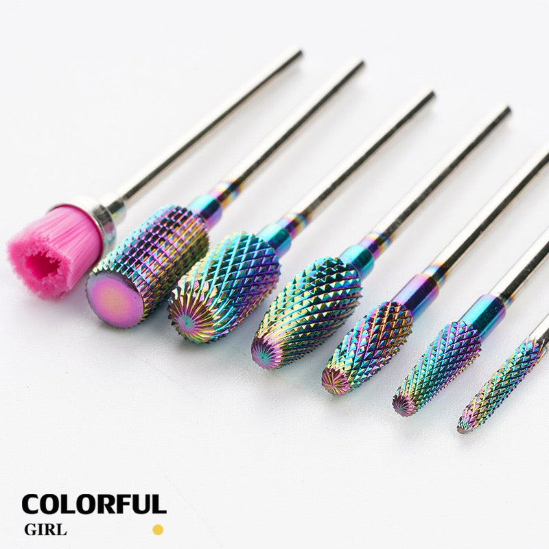 หัวเจียรเล็บ ไทเทเนียมสีรุ้ง ✦ วัสดุทังสเตนคาร์ไบด์ ✦ เลือกได้ทั้งแบบชิ้นเดียวหรือเซต 7 ชิ้น ✦ สำหรับลอกเจล ตะไบทรง ลดความหนา และขัดเงา
