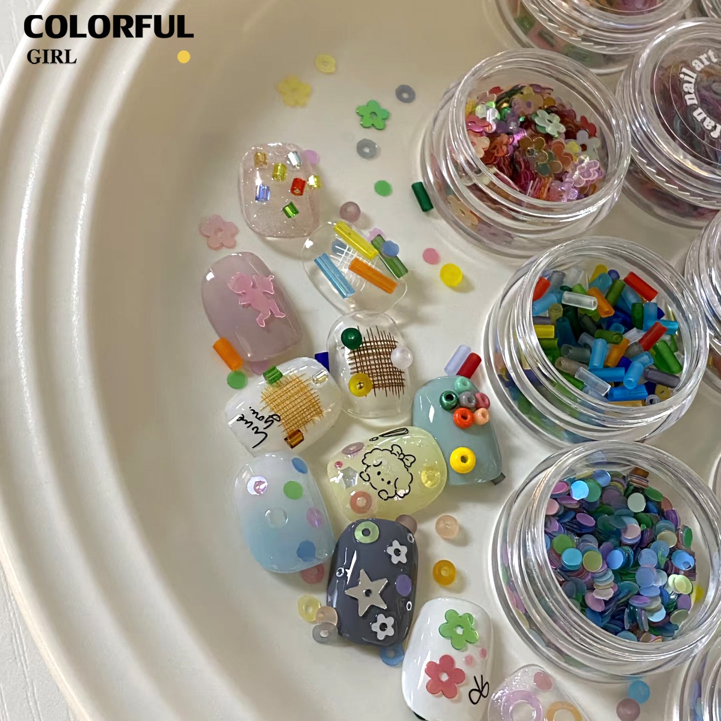 FUN BEADS สไตล์เกาหลี อิน ด้ายสีเค้กริบบิ้นริบบิ้นอุปกรณ์แต่งเล็บน่ารักผสมสีรูปพิเศษน้ําตาลเข็มสีถั่วเครื่องปั้นดินเผานุ่มเครื ลูกปัดตกแต่งเล็บ funbeads พร้อมส่งในไทย