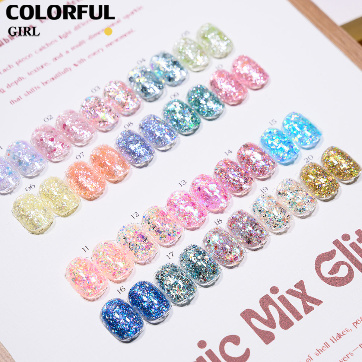 COLORFUL GIRL 20 สี ผงกลิตเตอร์ล็บสูตรพิเศษ  กลิตเตอร์ใหญ่-เล็ก ผสมเปลือกหอย ผงโอปอล ออโรร่า ( ฟรีการ์ดชาร์ทเปล่า )