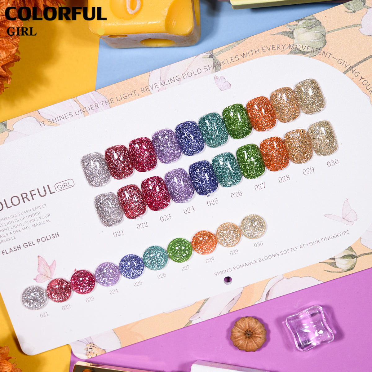 COLORFUL GIRL สีเจล 30 สี (ประกอบด้วย 10 สีเจลกลิตเตอร์ + 10 สีเจลแคทอายเนื้อซาติน + 10 สีเจลแฟลช)  มีแบบแยกขาย