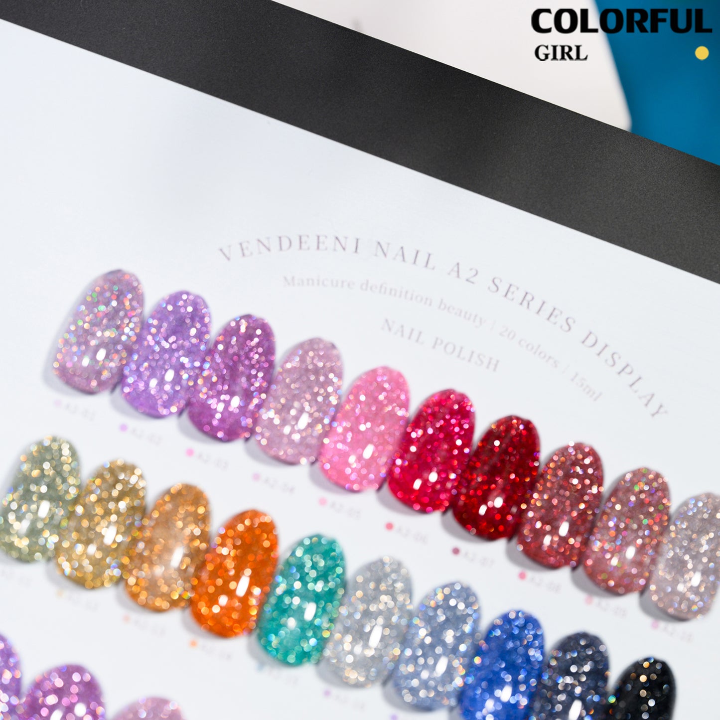 【พร้อมส่ง】สีเจลแฟลช   สเปกตรัมแห่งประกายแสง · Vendeeni A2 Color Chart VENDEENI   สีเจลแฟลช 20สี (《VENDEENI A2》)สีเจลทาเล็บ สี แถม ชาร์ทสี ยาทาเล็บเจล  ชุดสี 20สี + ฟรีชาร์ทสี  ประกายแสงหลากมิติ ที่สะท้อนบนปลายนิ้ว