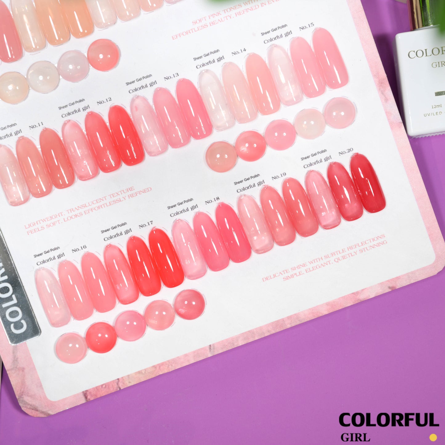 【พร้อมส่ง】สีเจลไซรัป Colorful Girl เซต 20 สี ✨ โทน Ice Peach ชมพูพีชละมุน ฟีลลูกคุณหนูหวานแพง ขับผิวให้มือดูสว่างอมชมพู เนื้อเจลใสฉ่ำแบบลูกแก้ว สีแน่นเงาวาว เล่นแสงสวย ติดทนนาน 💖 ฟรีชาร์ตสีซีรีส์ Sweet Nude Pink (ทามาให้แล้ว พร้อมใช้งาน) ✨