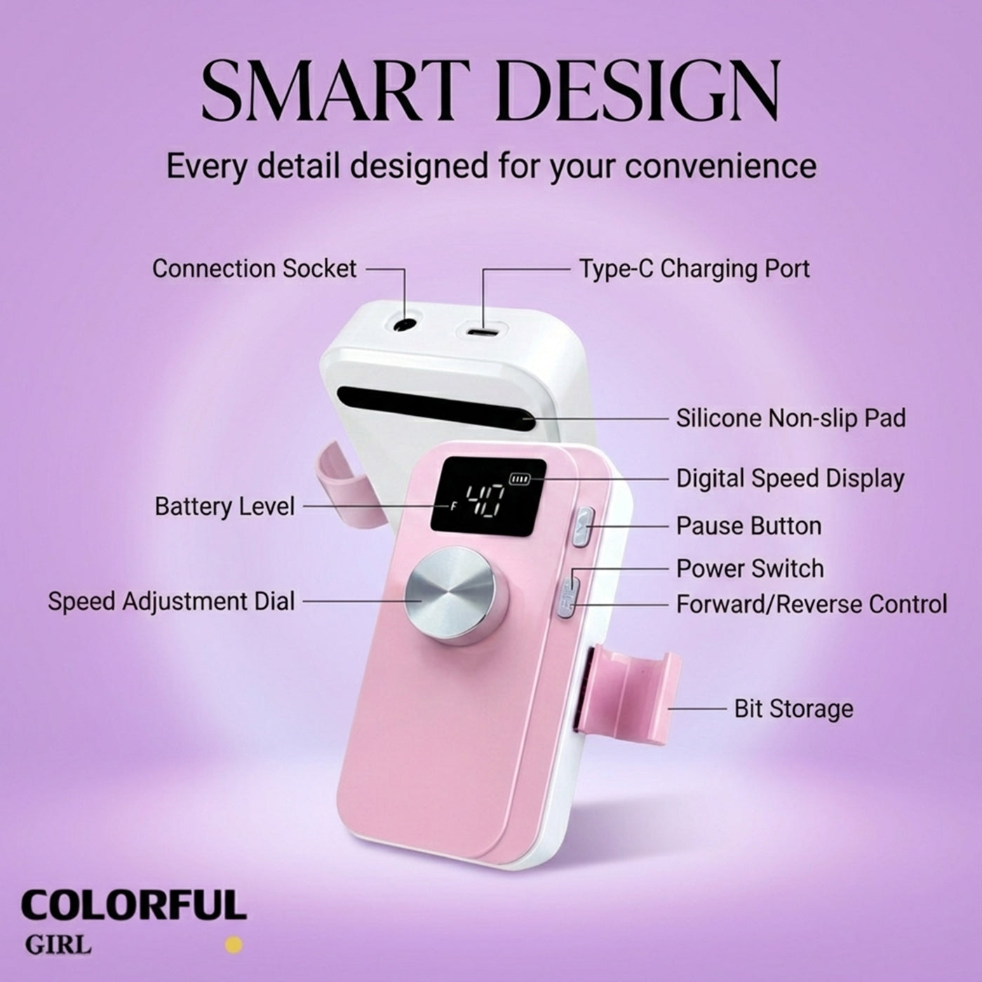 เครื่องเจียเล็บไฟฟ้าแบบพกพา 4 สี |รุ่น M05 ความเร็วสูงสุด 40,000 รอบ/นาที · เสถียร เสียงเบา · ระดับมืออาชีพ ปรับความเร็วด้วยปุ่มหมุน ·  แบตเตอรี่ 3000mAh