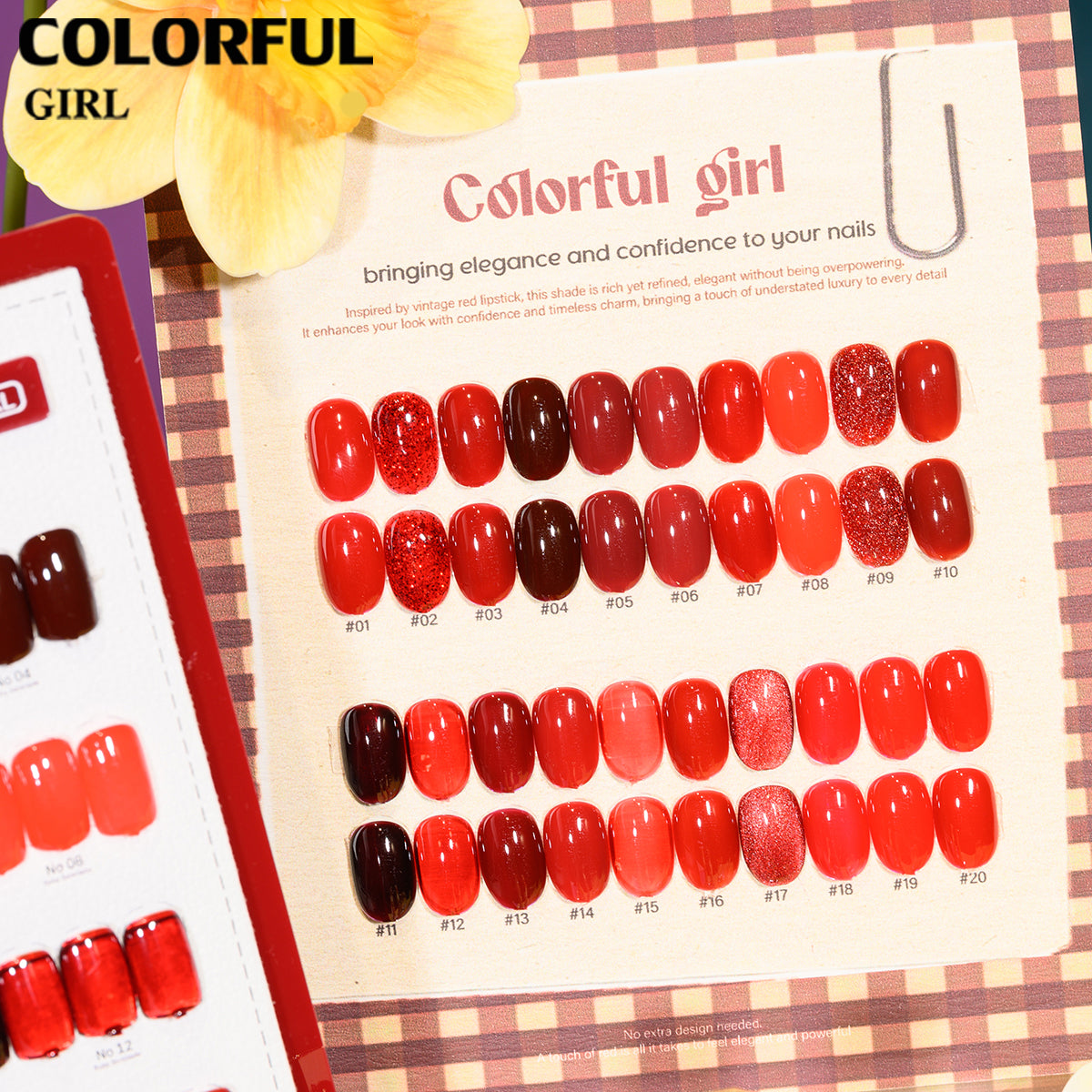 "Colorful Girl โทนสีแดง ✨ 20 สีครบเซ็ต｜รวมหลายเนื้อเจล (สีพื้น/ไซรัป/แฟลช/แคทอาย) ลุคหรูหรา เปล่งประกายดุจดอกกุหลาบ 🌹 (แถมชาร์ทสี พร้อมใช้งาน)"