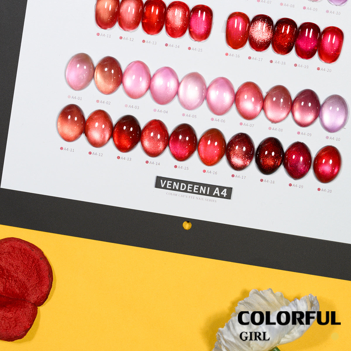 Vendeeni A4 20สี สีเจลแคทอายเนื้อซาติน+สีเจลแค  ลูกแก้วสีชมพู | ฟรีชาร์ทสี