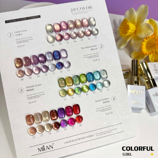 【พร้อมส่ง】MILAN 28สี    สีเจลแคทอายเนื้อซาติน  สีเจลแคทอาย  28สี    สีลูกแก้ว ฟรีชาร์ทสี Cat eye  28สี  (แถม ชาร์ทสี ทามาให้แล้ว)