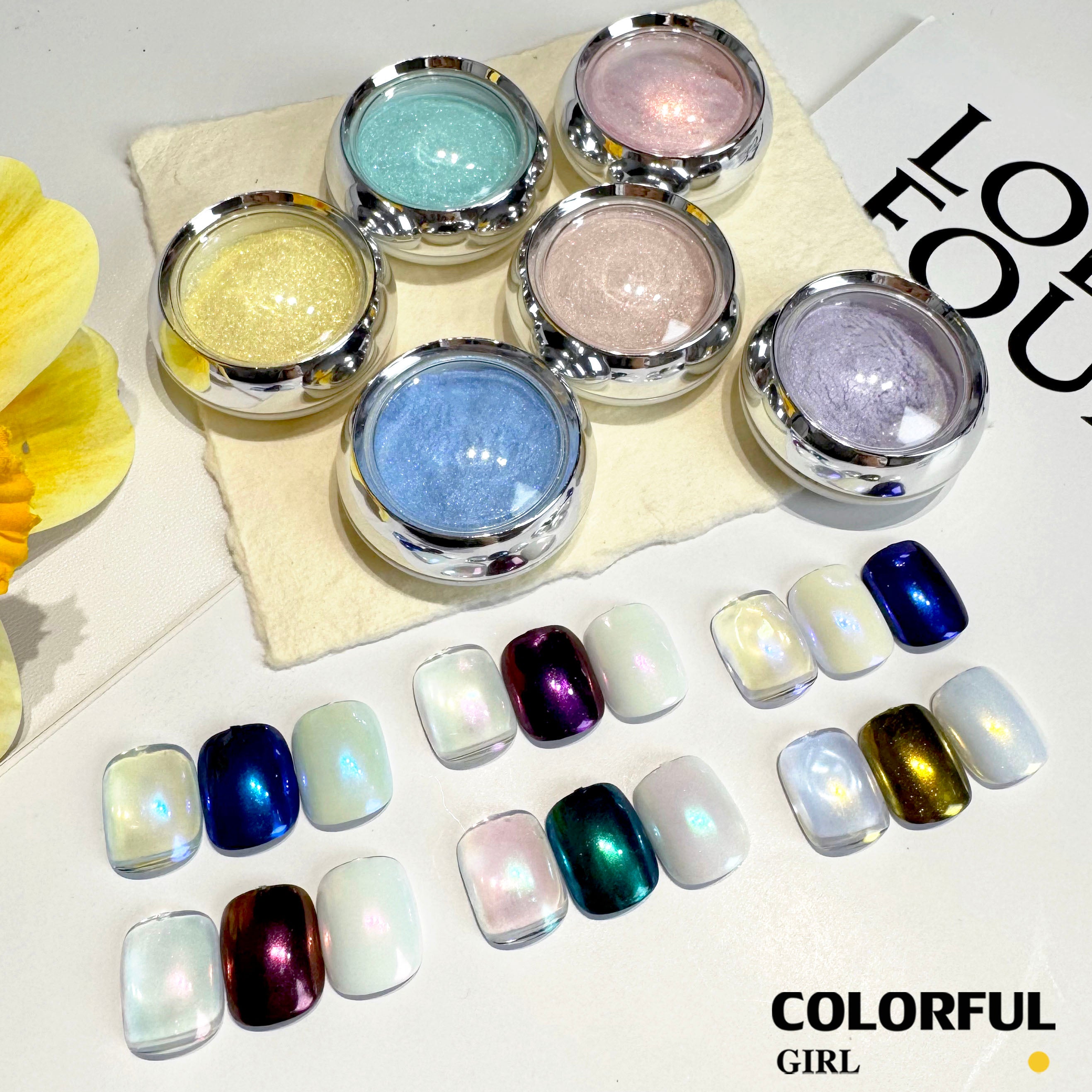 Aurora ผงขัดออโรร่า 6 สี สีโฮโรแกรม สีแต่งเล็บ ผงมุก ผงกระจก นีออน 6 ขวด/ชุด แถมแปรงขัด
