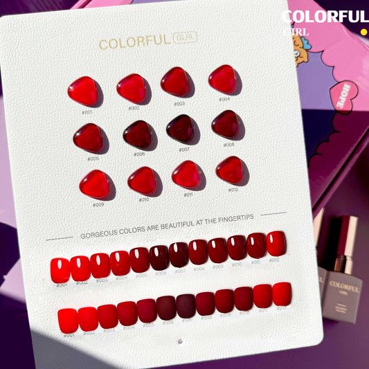 【พร้อมส่ง】 สีทาเล็บเจล Colorful Girl สี( Colorful Girl) สีเจล สีเจลสีพื้น 12สีชุดเจลสีแดง  แถมชาร์ทสี