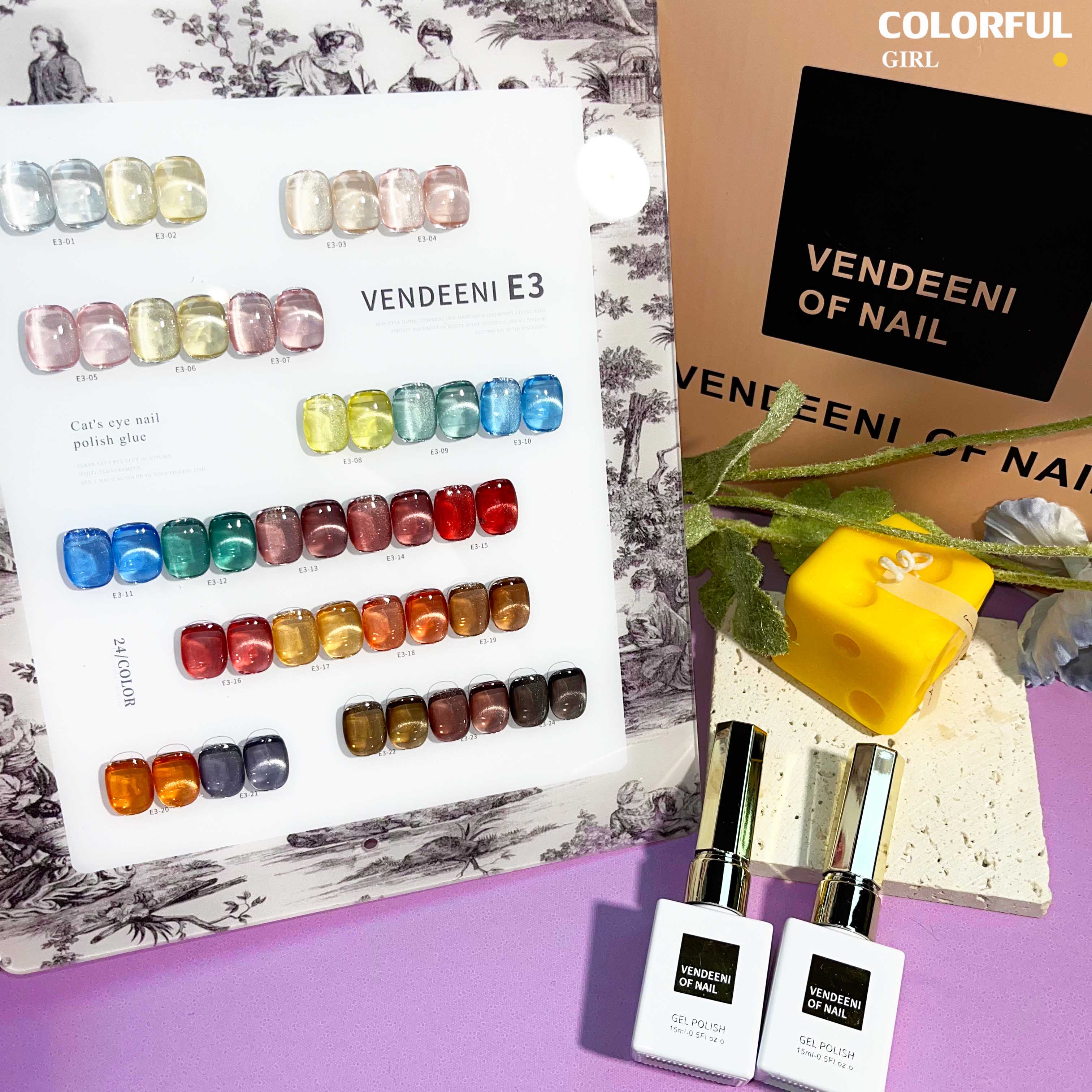 VENDEENI E-3 เจลทาเล็บแคทอาย 24 สี สีลูกแก้วแคทอาย  ฟรีชาร์ทสี
