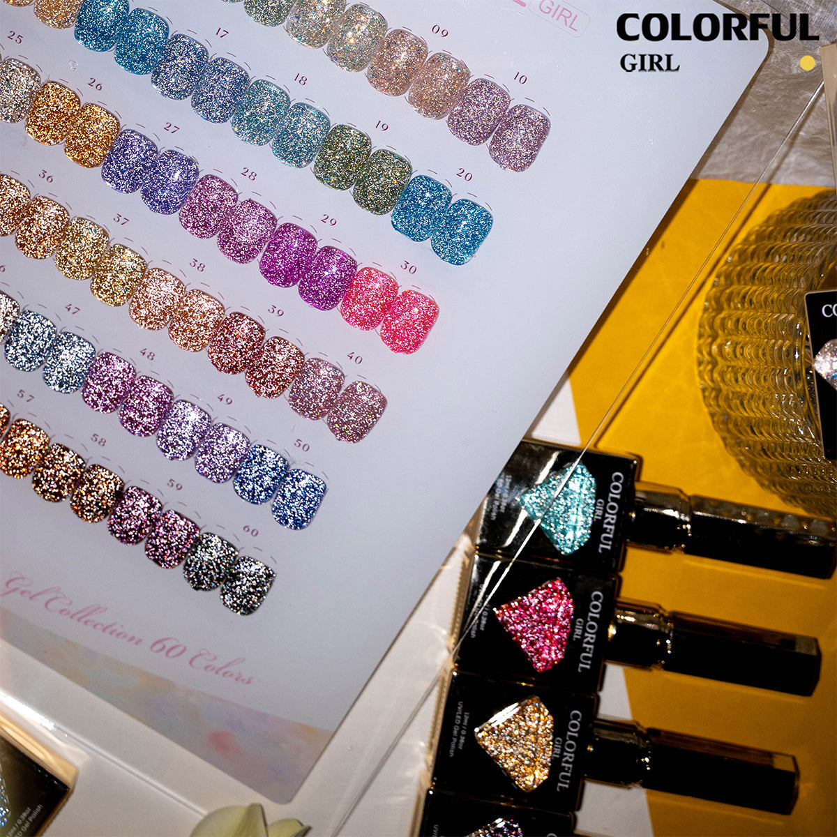 【พร้อมส่ง】Colorful Girl สีเจลแฟลชผสมฟอยล์เงิน 60 สี ชุดใหญ่สำหรับร้านทำเล็บ ประกายวิบวับ เล่นแสงสวย เปล่งประกายแม้อยู่กลางแสงแดด สีครบ ใช้งานระดับมืออาชีพ + ฟรีชาร์ทสี