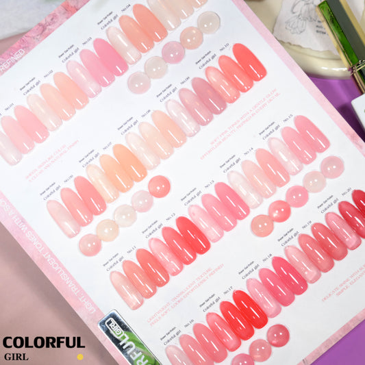 【พร้อมส่ง】สีเจลไซรัป Colorful Girl เซต 20 สี ✨ โทน Ice Peach ชมพูพีชละมุน ฟีลลูกคุณหนูหวานแพง ขับผิวให้มือดูสว่างอมชมพู เนื้อเจลใสฉ่ำแบบลูกแก้ว สีแน่นเงาวาว เล่นแสงสวย ติดทนนาน 💖 ฟรีชาร์ตสีซีรีส์ Sweet Nude Pink (ทามาให้แล้ว พร้อมใช้งาน) ✨