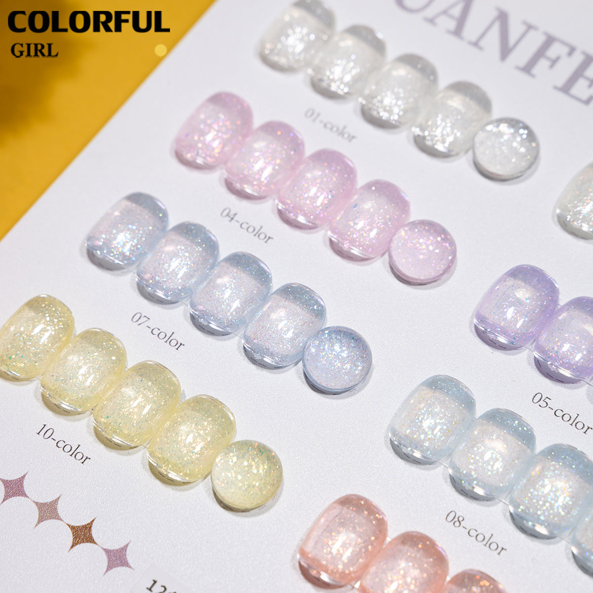 XUANFEIER 12สี สีเจลกลิตเตอร์ เจลไอซ์เฟอร์เกล็ดหิมะ เจลทาเล็บกากเพชรไอซ์เกรเดียนต์ ความหนาแน่นสูง ✨ ฟรีชาร์ทสี