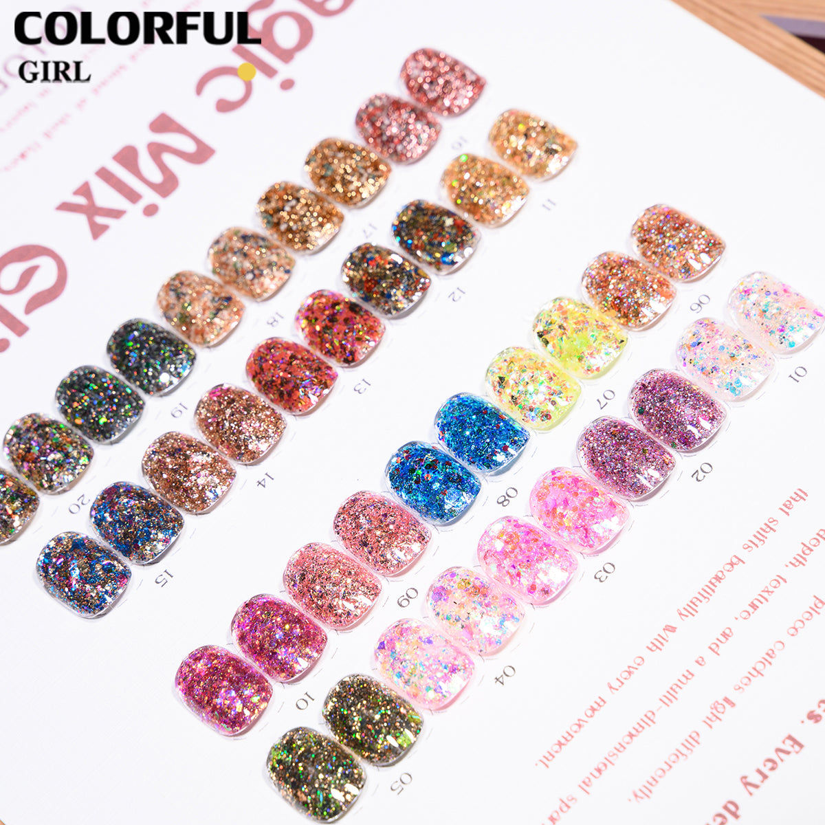 COLORFUL GIRL 20 สี ผงกลิตเตอร์ล็บสูตรพิเศษ  กลิตเตอร์ใหญ่-เล็ก ผสมเปลือกหอย ผงโอปอล ออโรร่า ( ฟรีการ์ดชาร์ทเปล่า )