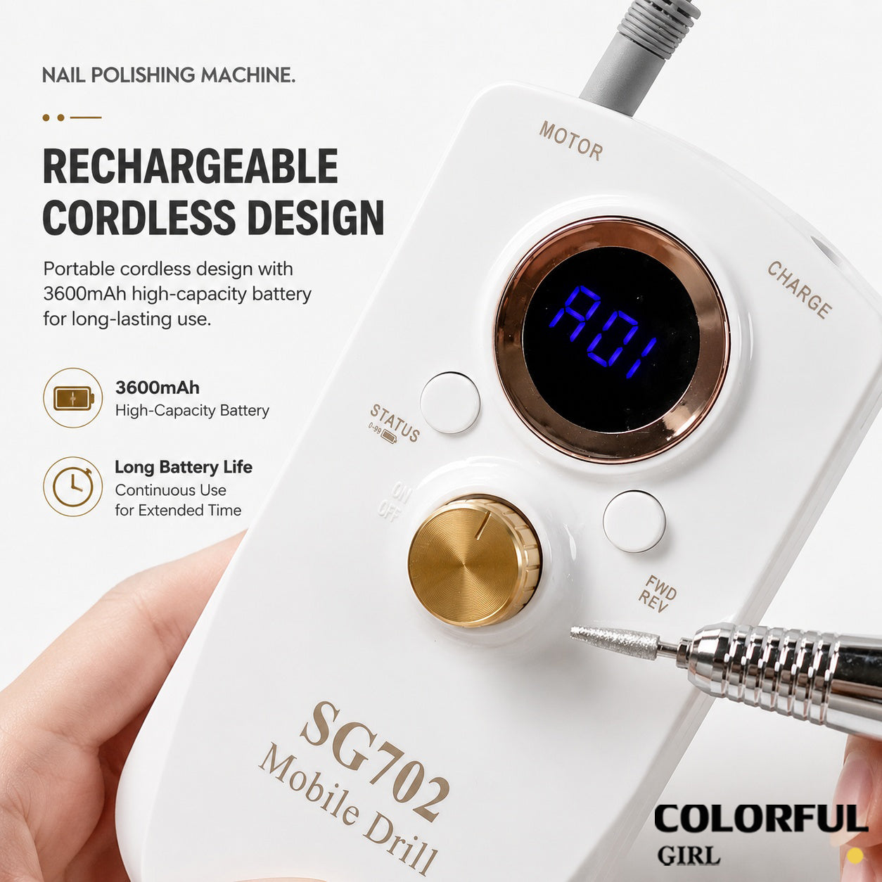 ✨ SG702 เครื่องเจียรเล็บไฟฟ้าแบบพกพา | เครื่องเจียรเล็บมืออาชีพ 35000RPM | ตะไบเล็บไฟฟ้าแบบปรับความเร็วได้ | เครื่องขัดเล็บไฟฟ้าแบบพกพา | ระบบหมุนซ้าย-ขวา เสียงเบา | ใช้ได้ทั้งร้านทำเล็บและใช้งานในบ้าน