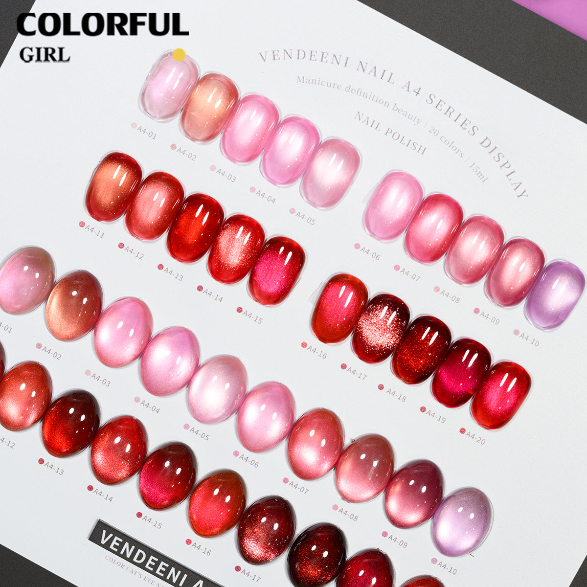 Vendeeni A4 20สี สีเจลแคทอายเนื้อซาติน+สีเจลแค  ลูกแก้วสีชมพู | ฟรีชาร์ทสี