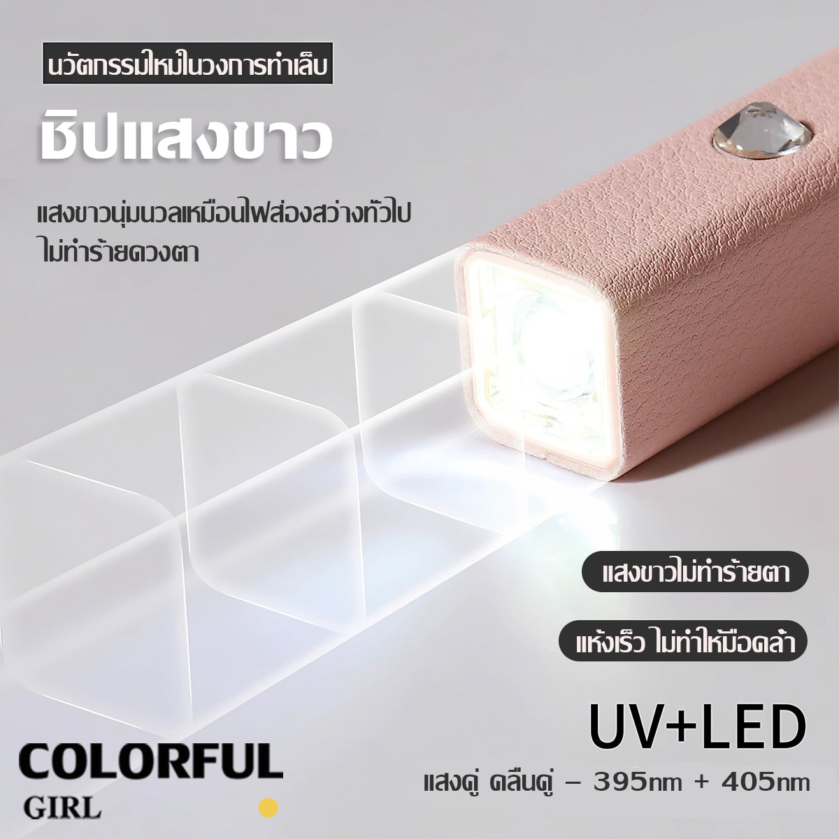 Colorful Girlโคมไฟทำเล็บพกพา 💅 แม่เหล็กดูดแน่น ใช้งานสะดวก ตั้งเวลาอัจฉริยะ 20s/60s  แบตฯ 400 mAh 3 W แห้งไว ประหยัดพลังงาน  ขาว / ชมพู / ม่วง  โคมไฟทรงขีด One-Word ✨