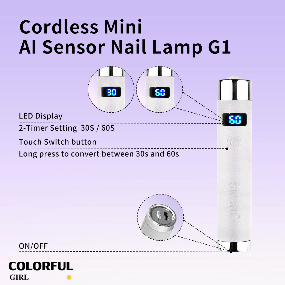 SNRQI G1| ไฟฉายล็อคอะไหล่ และสีเจล | แบต 800mAh · ตั้งเวลา 30/60 วินาที · ขนาดเล็ก พกพาง่าย · ใช้งานสะดวก ไม่เปลืองพื้นที่