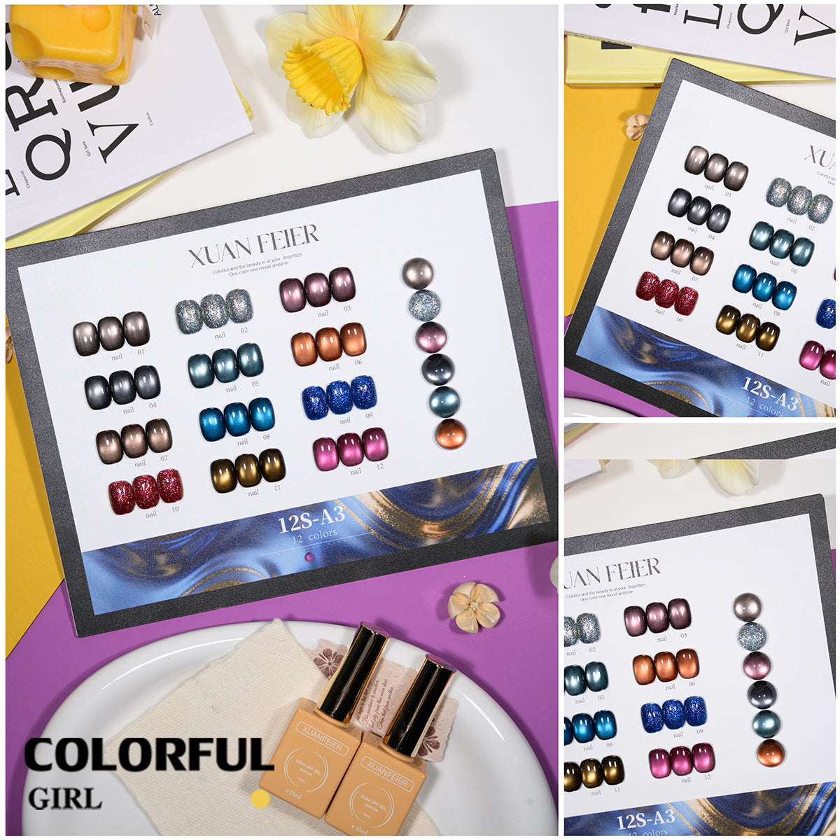 XUANFEIER สีเจลเซ็ตใหม่ 12 สี สีเจลกลิซเตอร์ สีเจลแคทอายเนื้อซาติน, สีเจลแฟลช, แถมฟรีชาร์ทสี ทุกรุ่น