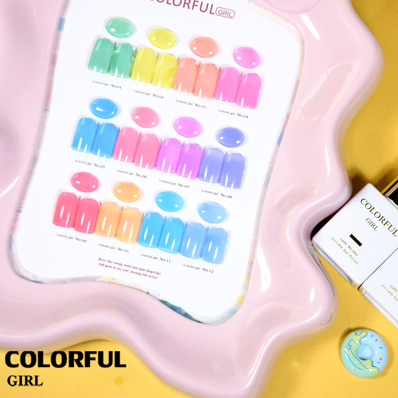 🔥 สินค้าขายดี | 【พร้อมส่ง】COLORFUL GIRL สีเจลไซรัป โทนเบบี้นมใส เนื้อนมละมุน กึ่งโปร่งแสง สีชัดสวย 12 สี (ทามาให้แล้ว พร้อมใช้งาน) ชาร์ตสีเจลสำหรับร้านทำเล็บ