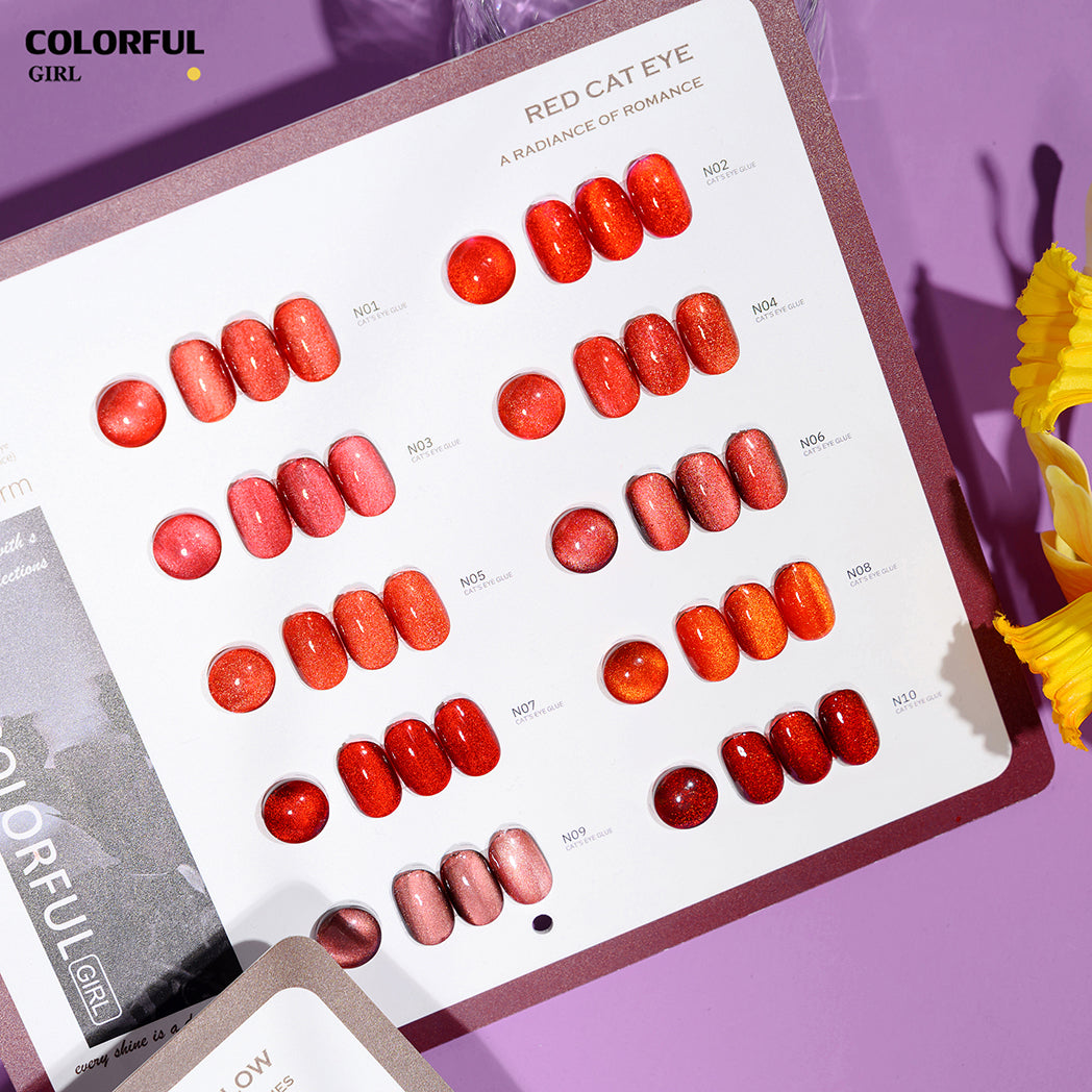 💅 Colorful Girl สีเจลแคทอายเนื้อซาติน เจลแคทอาย 10 สี✨โทนน้ำตาลละมุน ดูสุภาพและขับผิวให้สว่าง☕โทนแดงสดใส หรูหรา แวววาวโดดเด่น💋แม่เหล็กวิ้งละเอียด เงางามหลายมิติ  แถมฟรีชาร์ต