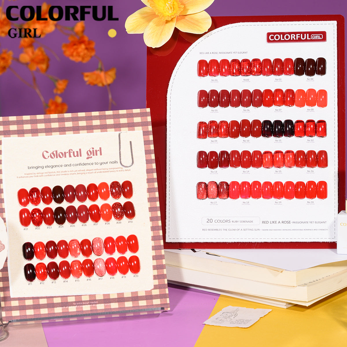 "Colorful Girl โทนสีแดง ✨ 20 สีครบเซ็ต｜รวมหลายเนื้อเจล (สีพื้น/ไซรัป/แฟลช/แคทอาย) ลุคหรูหรา เปล่งประกายดุจดอกกุหลาบ 🌹 (แถมชาร์ทสี พร้อมใช้งาน)"