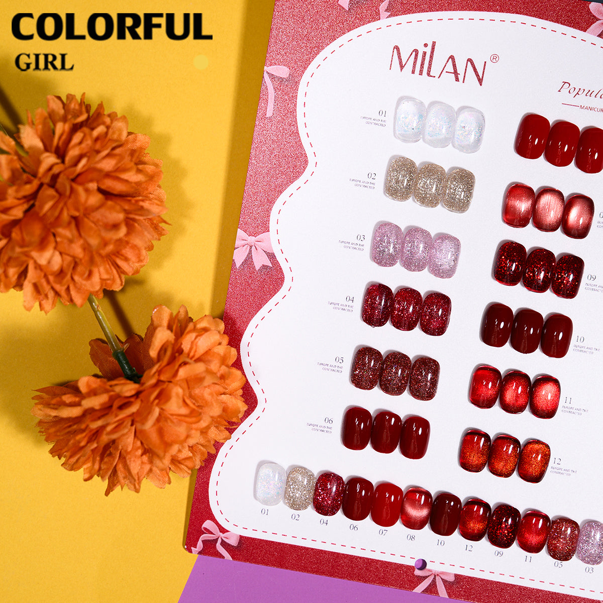 MILAN 12สี รวมแผ่นสีเจลโทนแดงยอดนิยม หลายเฉดสีแดง｜ไวน์แดง / แดงคลาสสิก / แดงนู้ดอมชมพู / แบบกากเพชรละเอียด｜สีเจลแคทอาย /สีเจลแฟลช/สีเจลกลิซเตอร์ ✨ (ทามาให้แล้ว พร้อมใช้งาน)