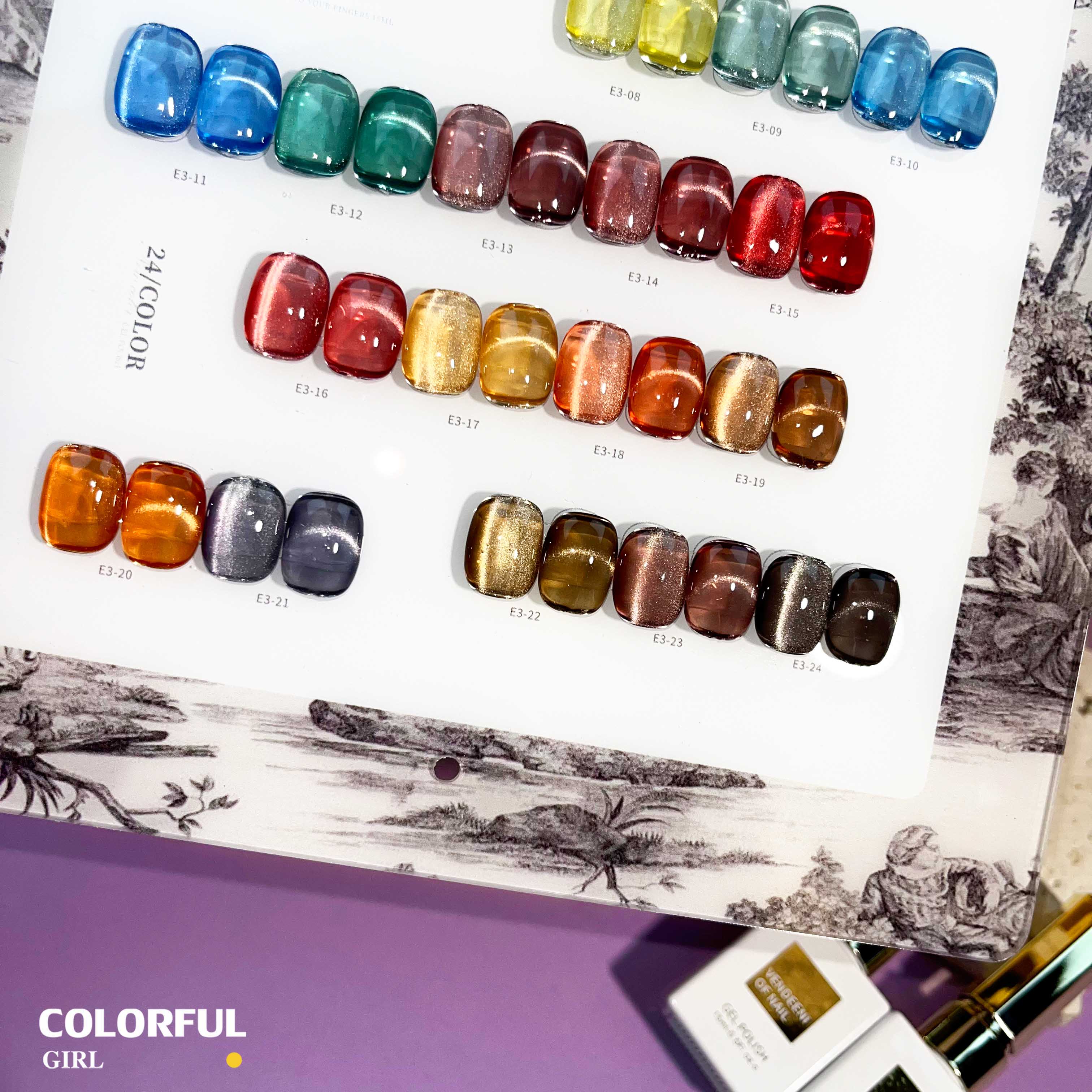 VENDEENI E-3 เจลทาเล็บแคทอาย 24 สี สีลูกแก้วแคทอาย  ฟรีชาร์ทสี