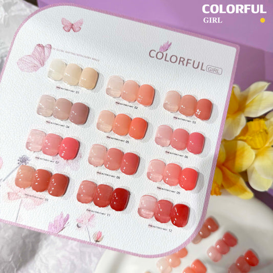 【พร้อมส่ง】💅 สีทาเล็บเจล Colorful Girl ✦ เซต 12 สี ✦ โทนชมพู Ice Peach หวานละมุน ✦ แถมฟรีชาร์ตสี 💖ซีรีส์ Sweet Nude Pink ｜ Pink Butterfly Mist Series
