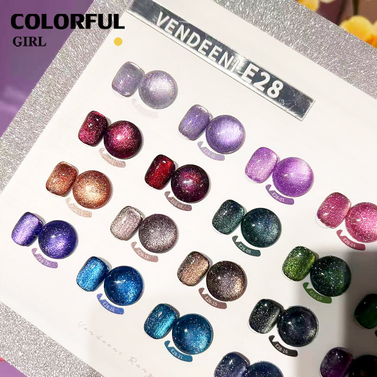 VENDEENI VDN-E28 สีเจลแคทอายประกายเพชร 24สี （แคทอายสูตรนี้มีดีที่กลิตเตอร์! ใส่ผงแฟลชเข้าไป วิบวับขั้นสุด） ฟรีชาร์ทสี