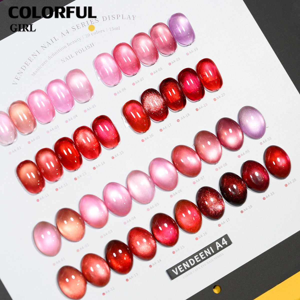 Vendeeni A4 20สี สีเจลแคทอายเนื้อซาติน+สีเจลแค  ลูกแก้วสีชมพู | ฟรีชาร์ทสี