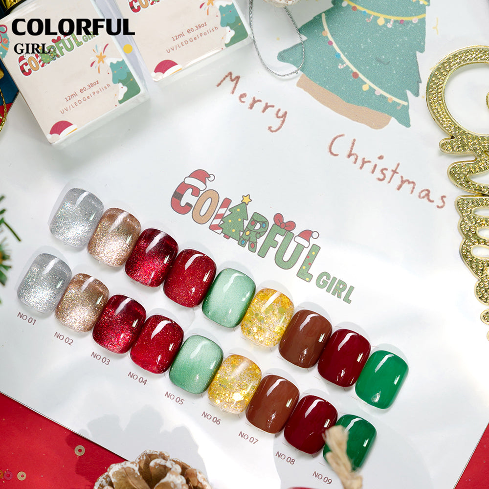 【พร้อมส่ง】🎄Colorful Girl เซ็ตเจลคริสต์มาส 9 สี✨ สีเจลกากเพชรวิ้งแน่น เจลแฟลช เจลแคทอาย เจลกลิตเตอร์ เนื้อซาติน สีสวยหรูหรา เหมาะสำหรับเทศกาลคริสต์มาส 💅 แถมฟรีชาร์ตสี