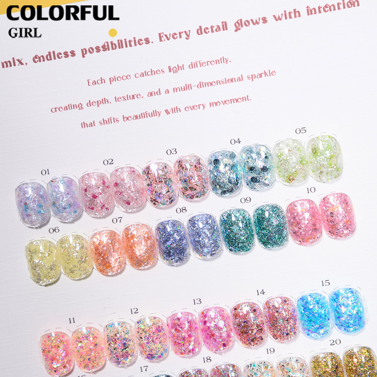 COLORFUL GIRL 20 สี ผงกลิตเตอร์ล็บสูตรพิเศษ  กลิตเตอร์ใหญ่-เล็ก ผสมเปลือกหอย ผงโอปอล ออโรร่า ( ฟรีการ์ดชาร์ทเปล่า )
