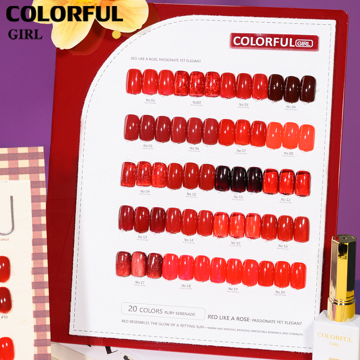 "Colorful Girl โทนสีแดง ✨ 20 สีครบเซ็ต｜รวมหลายเนื้อเจล (สีพื้น/ไซรัป/แฟลช/แคทอาย) ลุคหรูหรา เปล่งประกายดุจดอกกุหลาบ 🌹 (แถมชาร์ทสี พร้อมใช้งาน)"