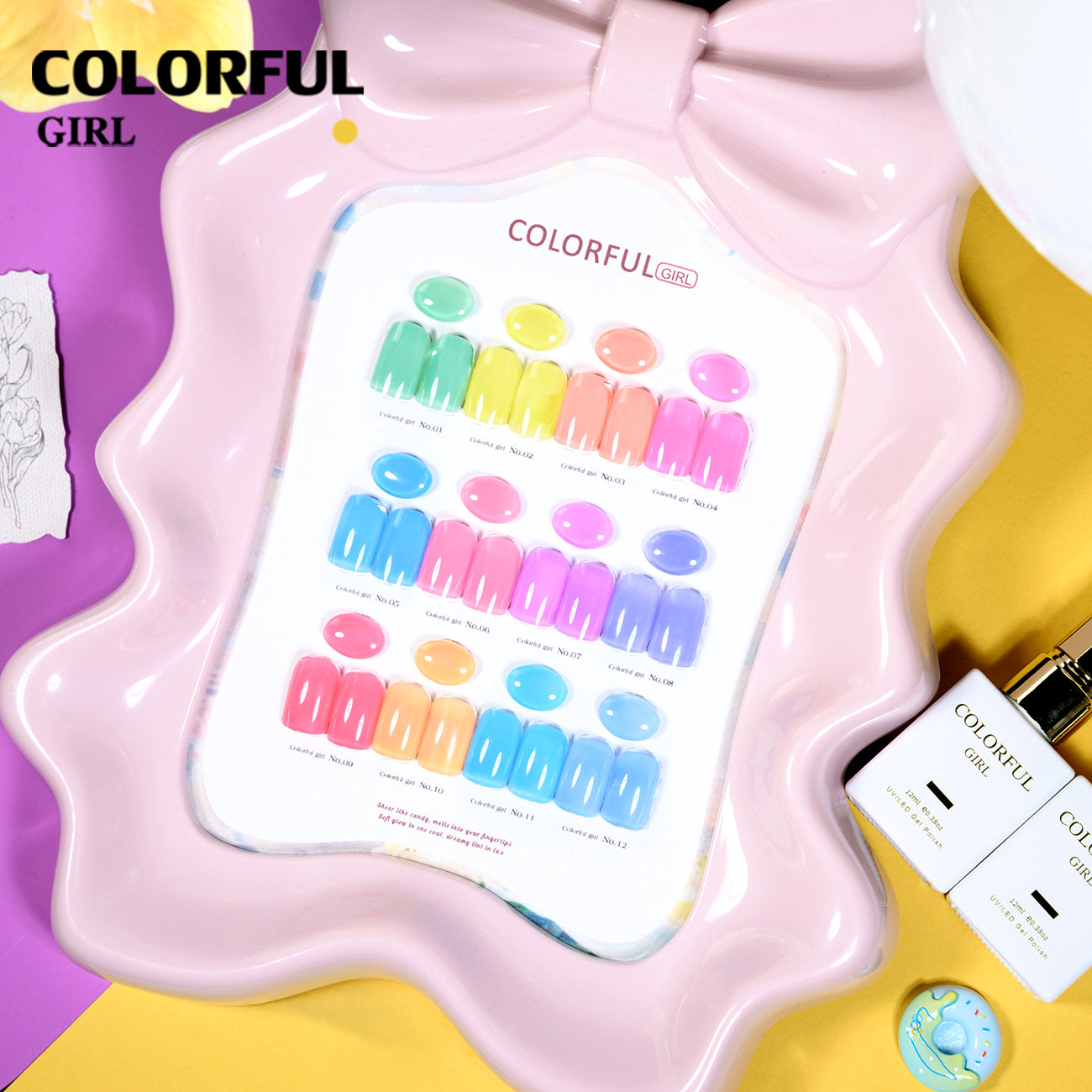 🔥 สินค้าขายดี | 【พร้อมส่ง】COLORFUL GIRL สีเจลไซรัป โทนเบบี้นมใส เนื้อนมละมุน กึ่งโปร่งแสง สีชัดสวย 12 สี (ทามาให้แล้ว พร้อมใช้งาน) ชาร์ตสีเจลสำหรับร้านทำเล็บ