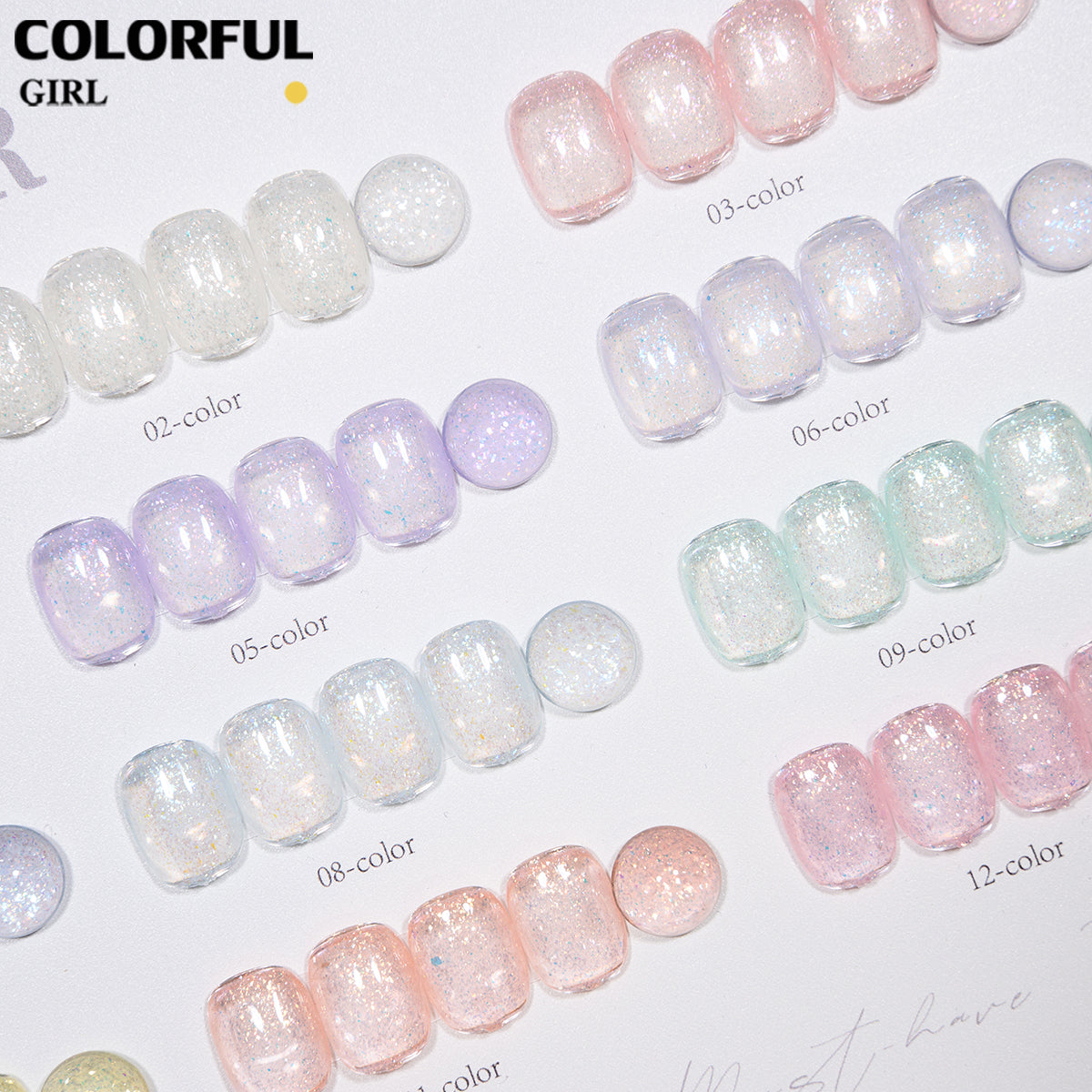 XUANFEIER 12สี สีเจลกลิตเตอร์ เจลไอซ์เฟอร์เกล็ดหิมะ เจลทาเล็บกากเพชรไอซ์เกรเดียนต์ ความหนาแน่นสูง ✨ ฟรีชาร์ทสี