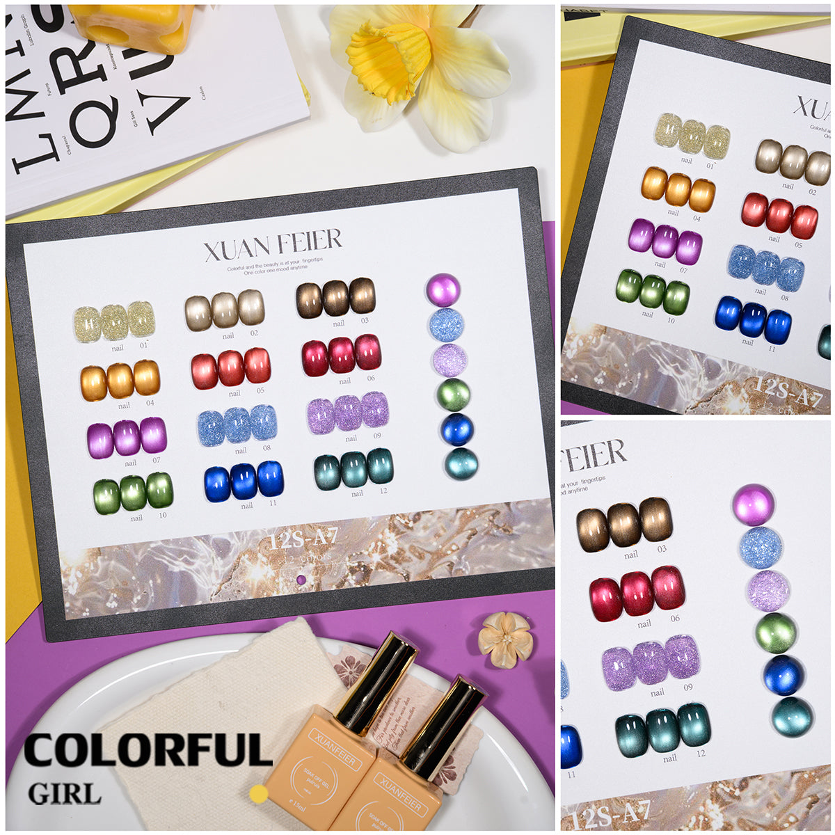 XUANFEIER สีเจลเซ็ตใหม่ 12 สี สีเจลกลิซเตอร์ สีเจลแคทอายเนื้อซาติน, สีเจลแฟลช, แถมฟรีชาร์ทสี ทุกรุ่น