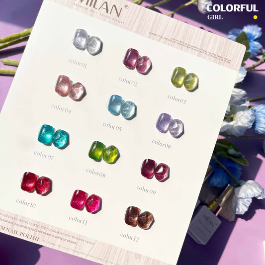 【พร้อมส่ง】MILAN 12สี     สีลูกแก้ว ฟรีชาร์ทสี Cat eye   แม่เหล็ก เอฟเฟกต์มันเงามาก